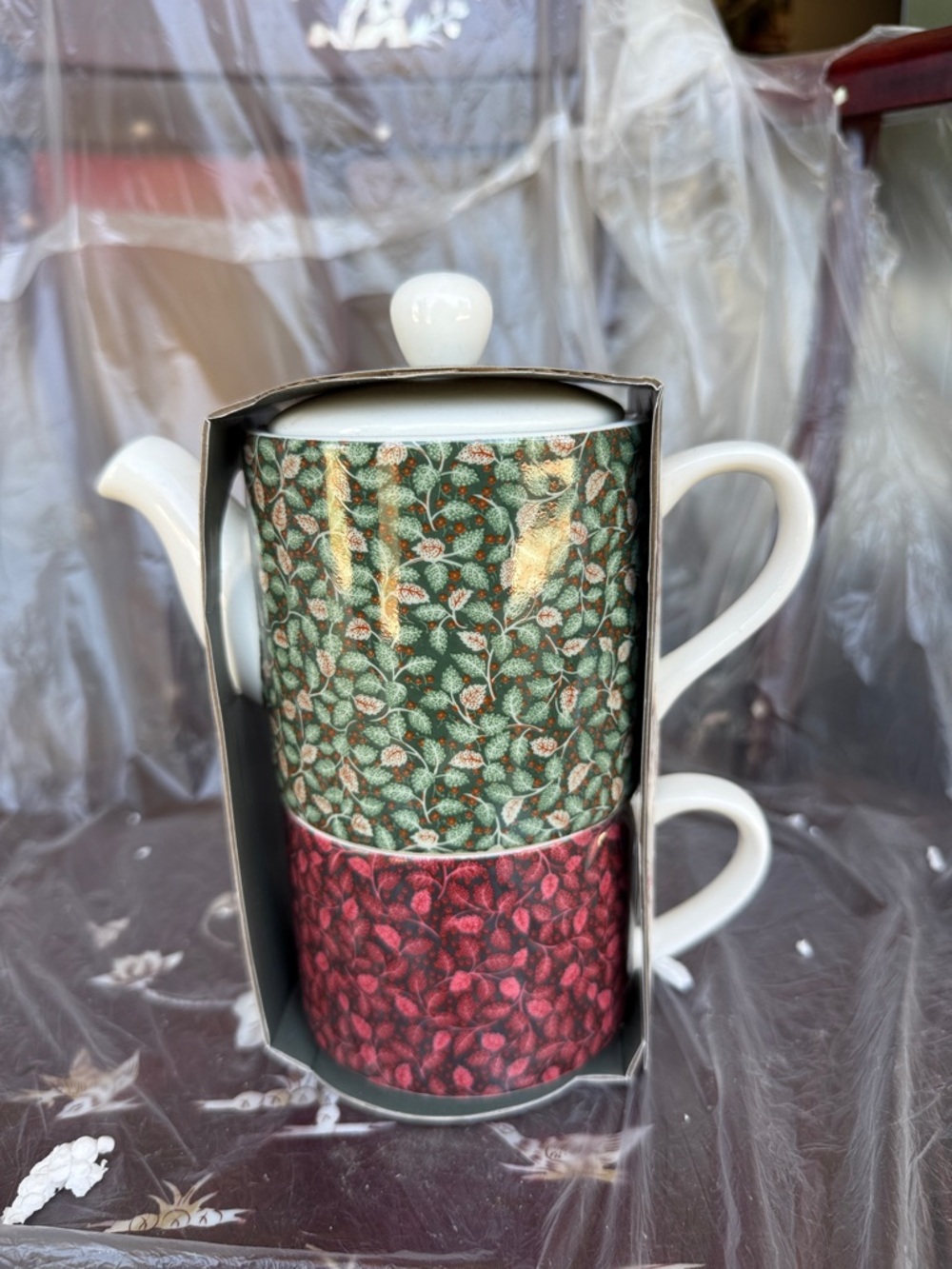 Laura Ashley Stacking Teapot & Cup Set in Green and Red Floral